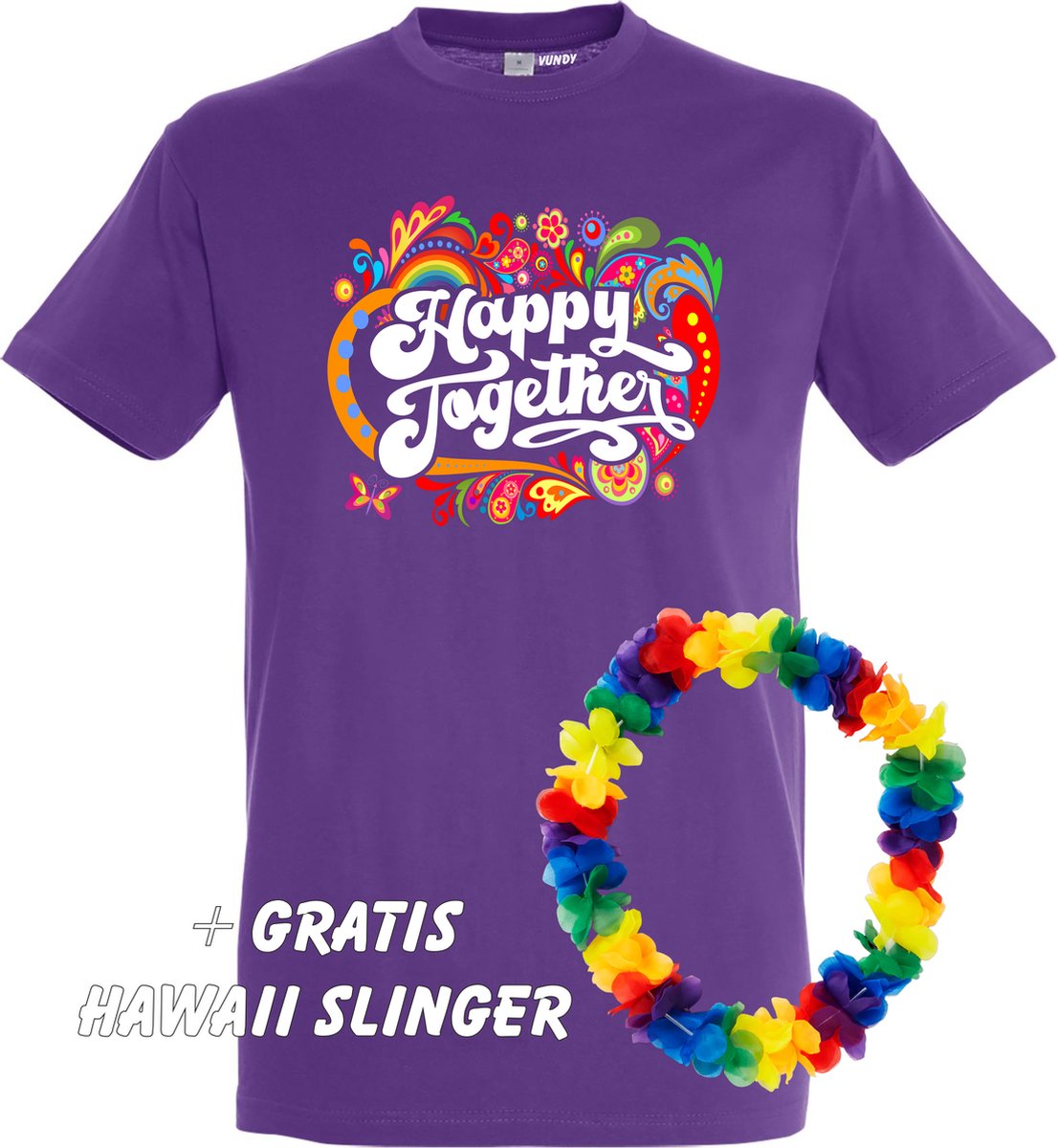 T-shirt Happy Together Print | Toppers in Concert 2022 | Toppers kleding shirt | Flower Power | Hippie Jaren 60 | Paars | maat 4XL